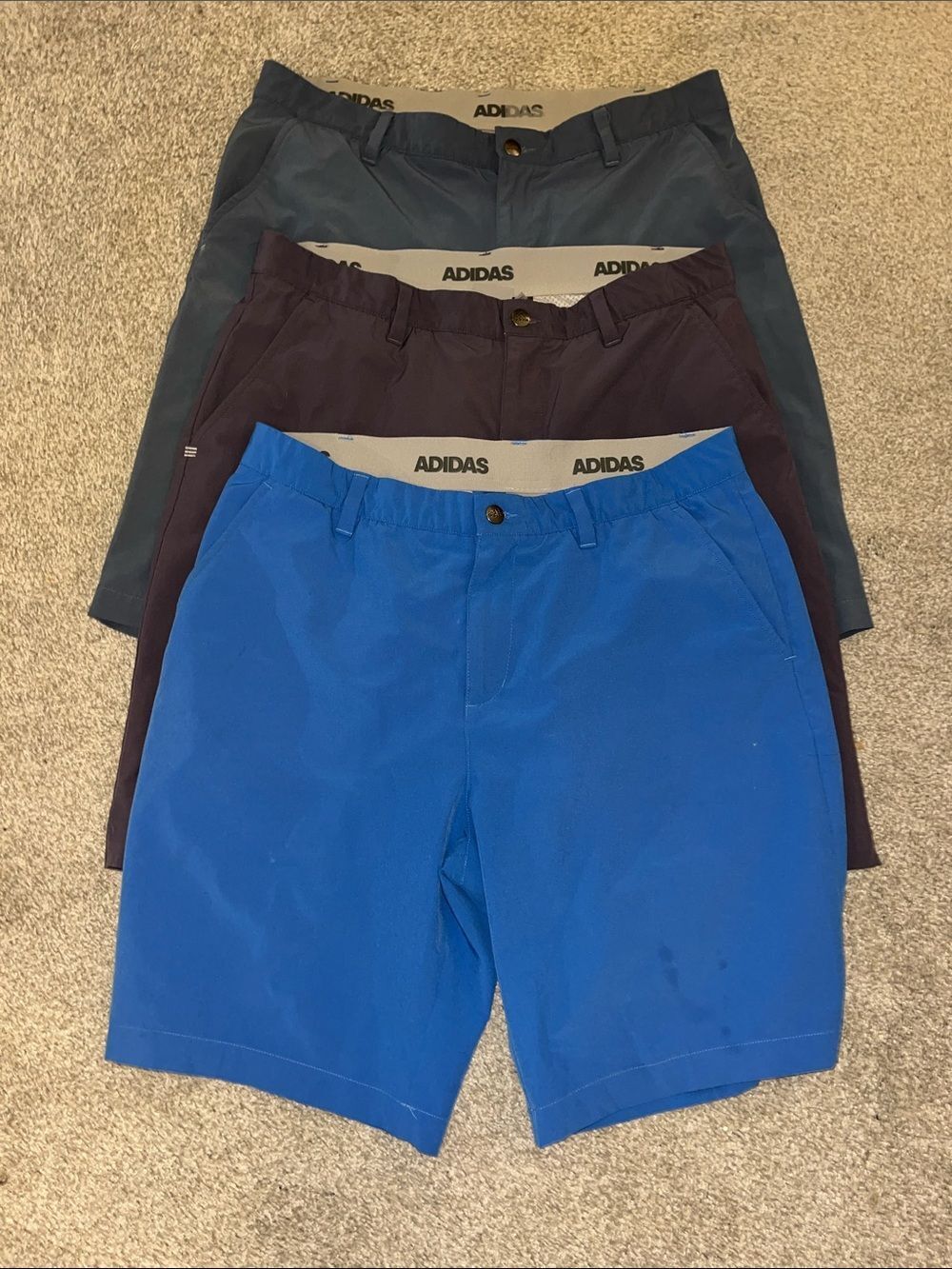 3-Adidas Blue Purple Gray Golf Polo 11” shorts 34 Poly Elastine Blend $75 ea New